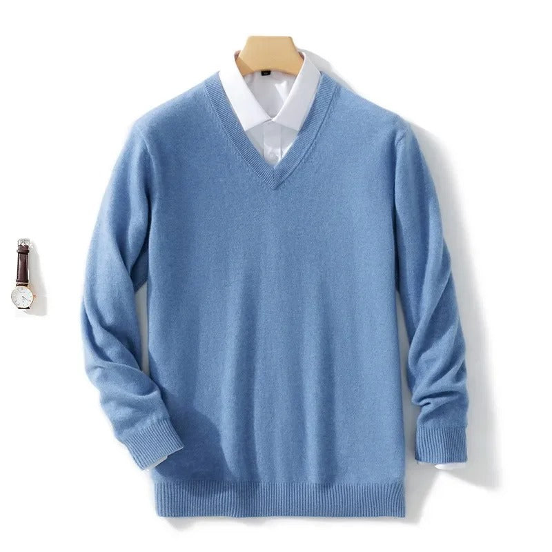 Men's plain V-neck jumper with long sleeves and ribbed trims