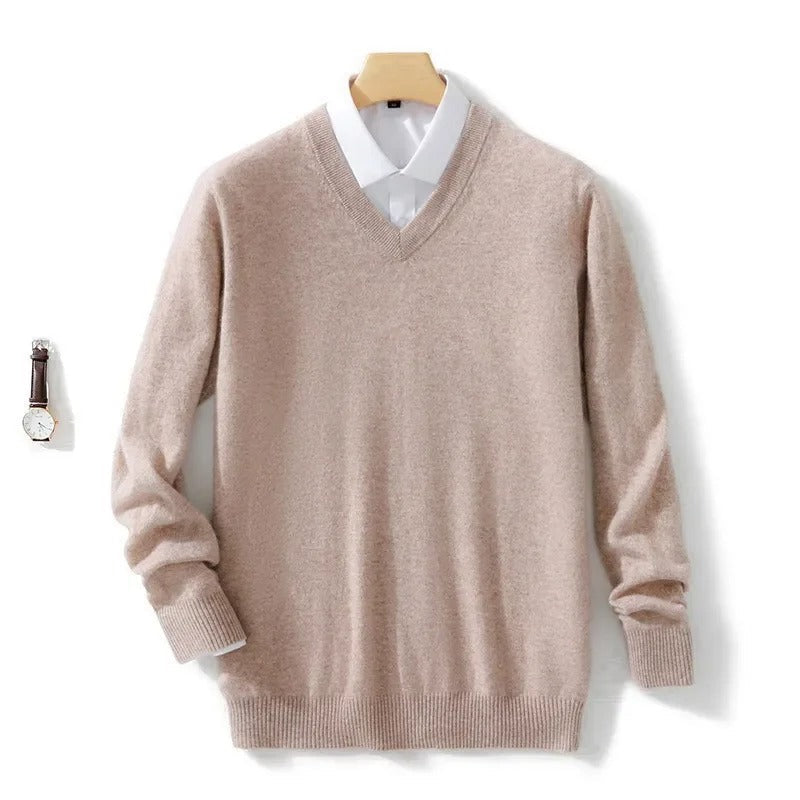 Men's plain V-neck jumper with long sleeves and ribbed trims