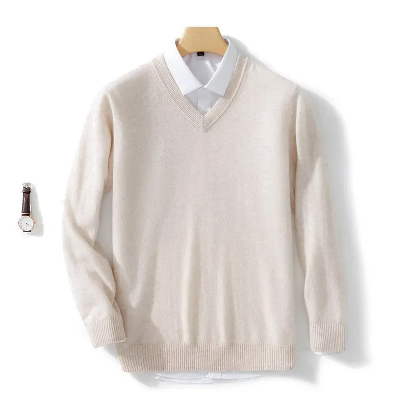 Men's plain V-neck jumper with long sleeves and ribbed trims