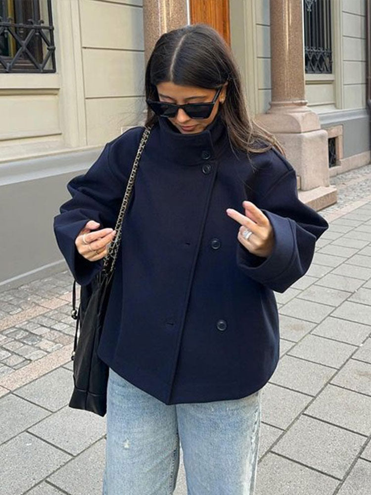 Women's short double-breasted coat with stand collar and long sleeves