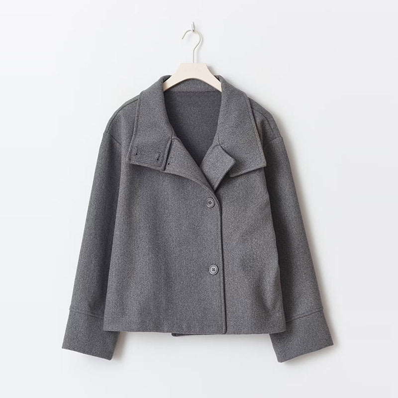 Women's short double-breasted coat with stand collar and long sleeves