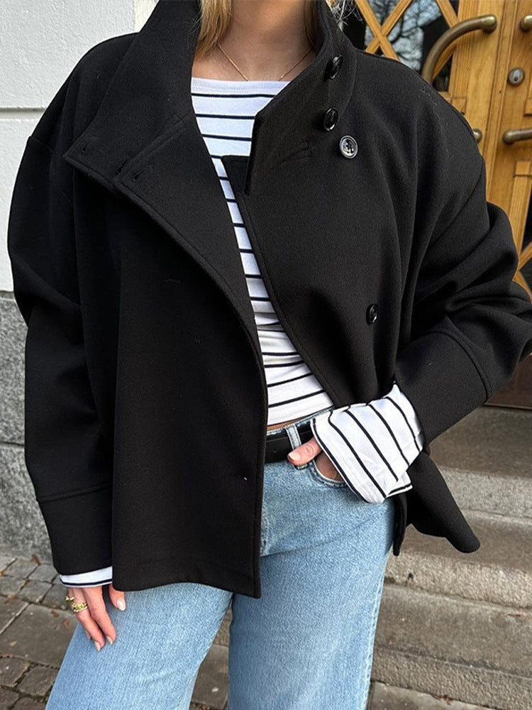 Women's short double-breasted coat with stand collar and long sleeves