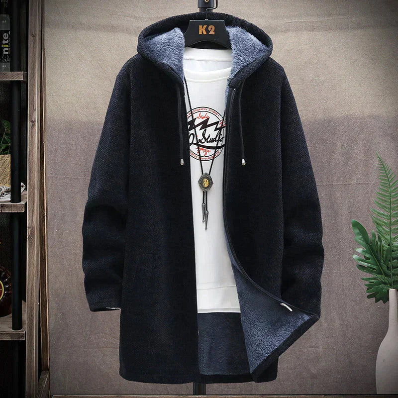 Men's hooded textured jacket with front zip and contrast lining