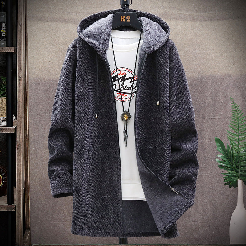 Men's hooded textured jacket with front zip and contrast lining