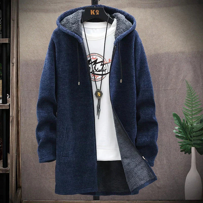 Men's hooded textured jacket with front zip and contrast lining