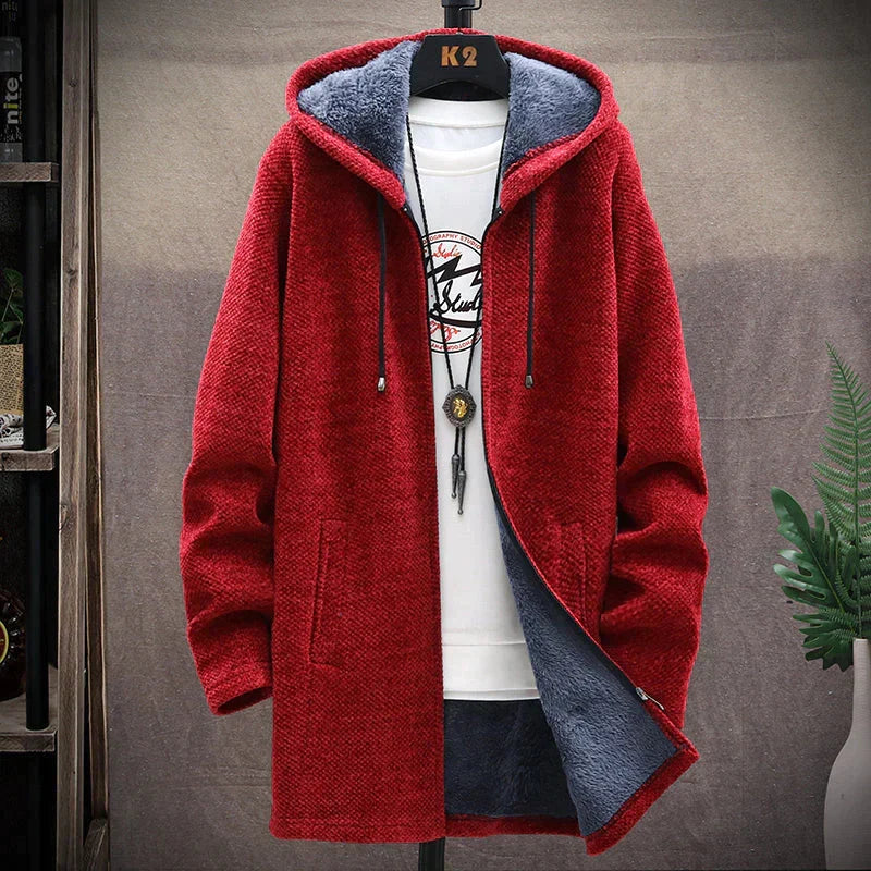 Men's hooded textured jacket with front zip and contrast lining