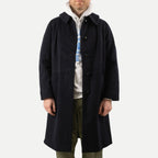 Men's navy overcoat with long sleeves, notched collar and button front