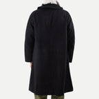 Men's navy overcoat with long sleeves, notched collar and button front