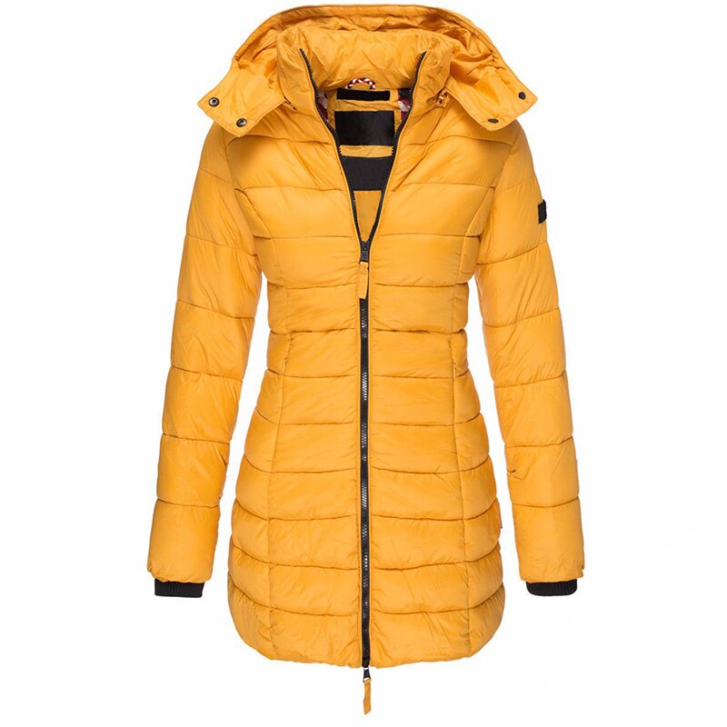 Women's hooded quilted padded jacket with long sleeves and front zip