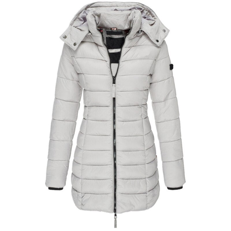 Women's hooded quilted padded jacket with long sleeves and front zip