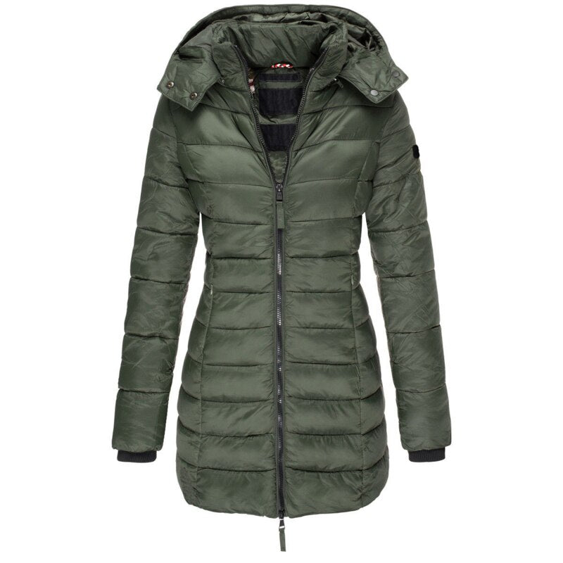 Women's hooded quilted padded jacket with long sleeves and front zip