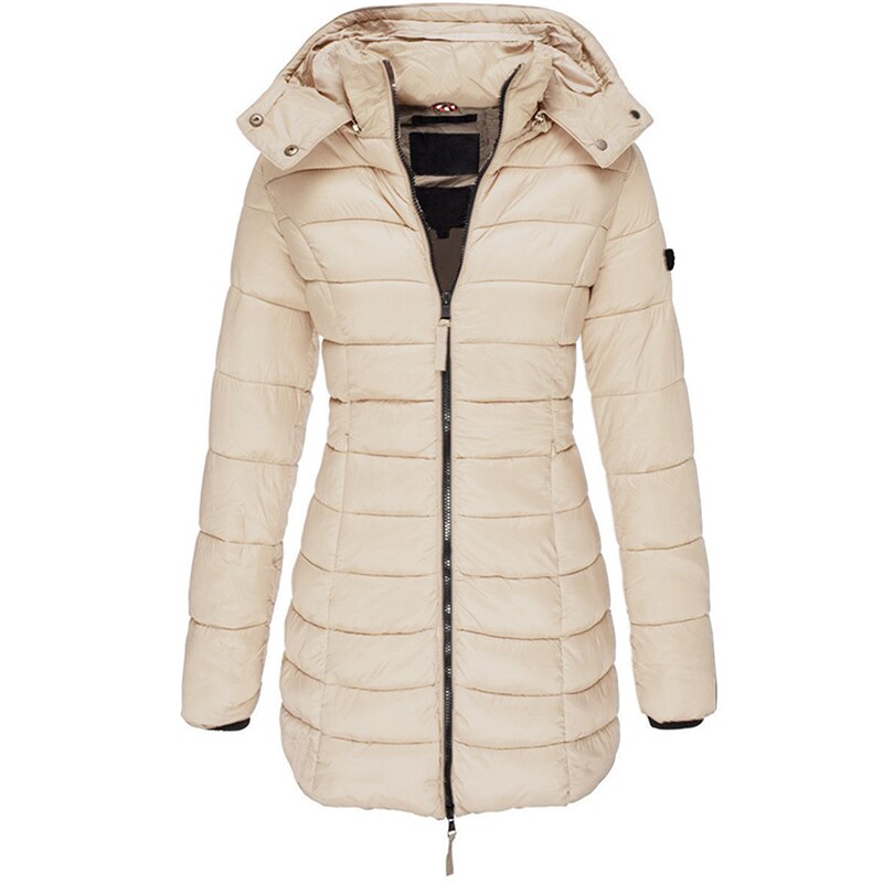Women's hooded quilted padded jacket with long sleeves and front zip