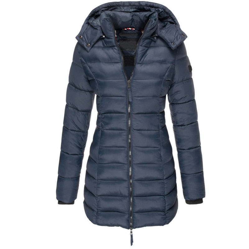 Women's hooded quilted padded jacket with long sleeves and front zip
