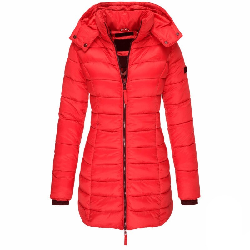 Women's hooded quilted padded jacket with long sleeves and front zip