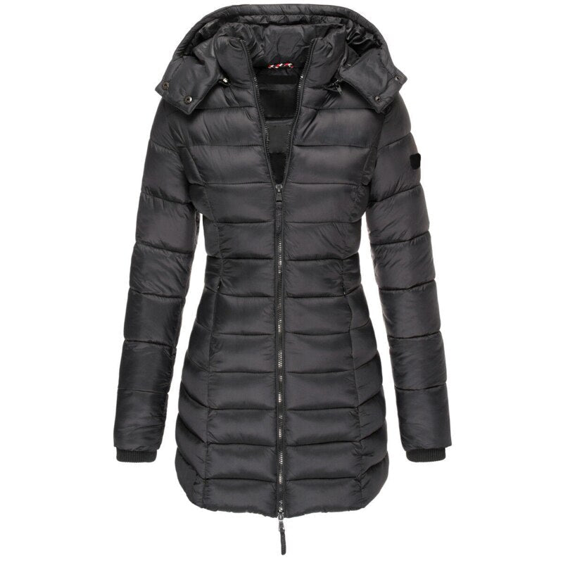 Women's hooded quilted padded jacket with long sleeves and front zip