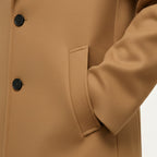 Men's long overcoat with notched lapels, button front and side pockets