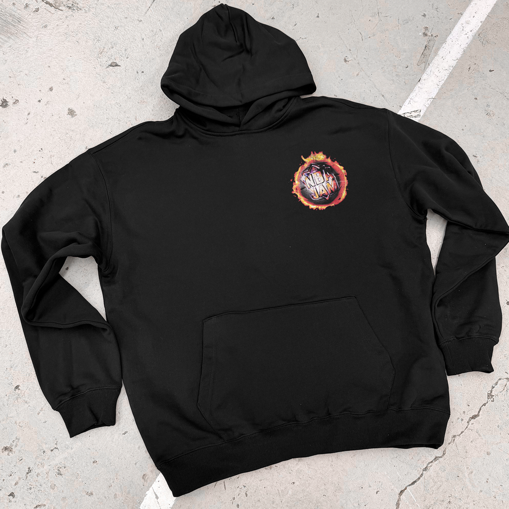 Black hooded hoodie with colourful NBA JAM graphic print and long sleeves