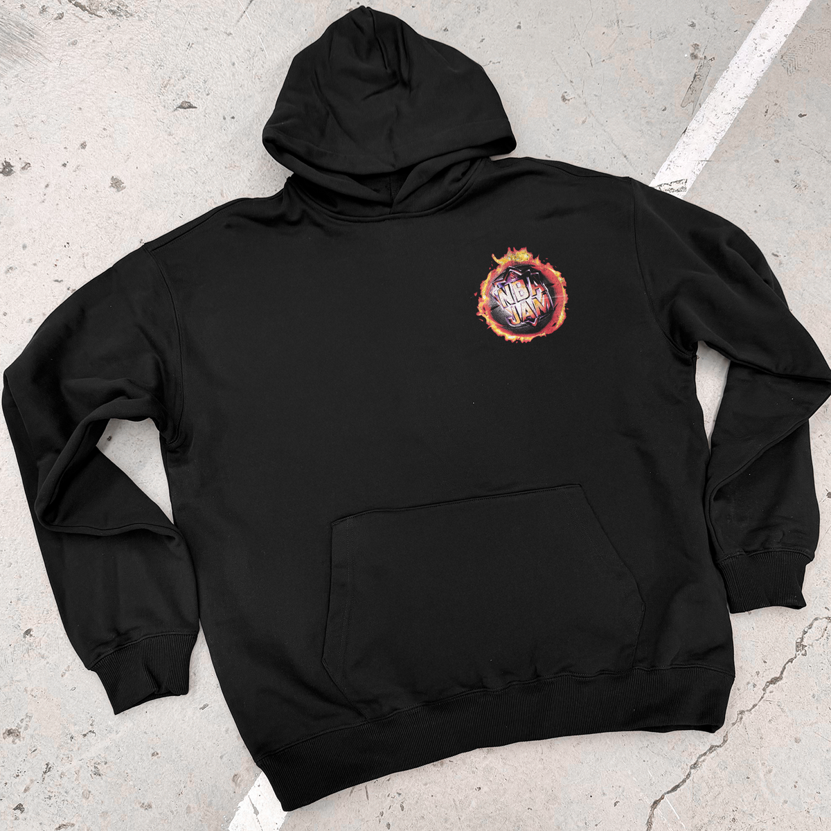 Black hooded hoodie with colourful NBA JAM graphic print and long sleeves