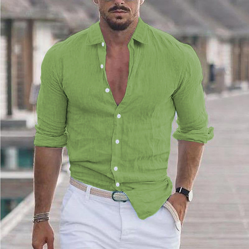 Men's open collar button front shirt with long sleeves