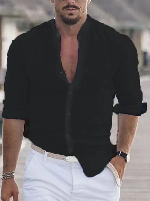 Men's open collar button front shirt with long sleeves
