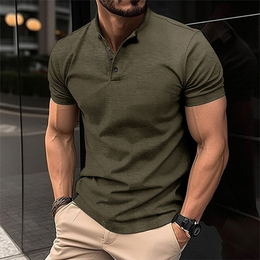 Men's slim fit short sleeve polo shirt with Mandarin collar and button placket