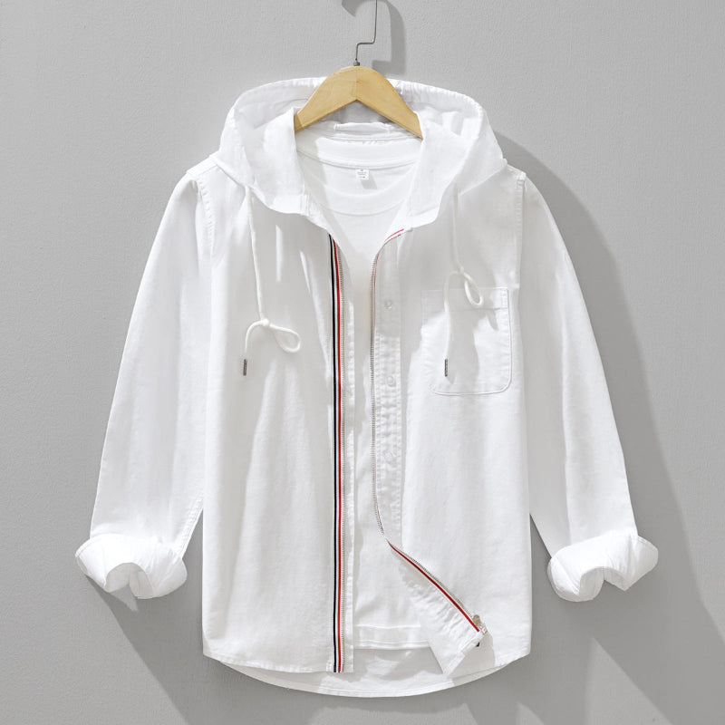 Men's hooded zip-front overshirt with long sleeves, drawstrings and chest pocket