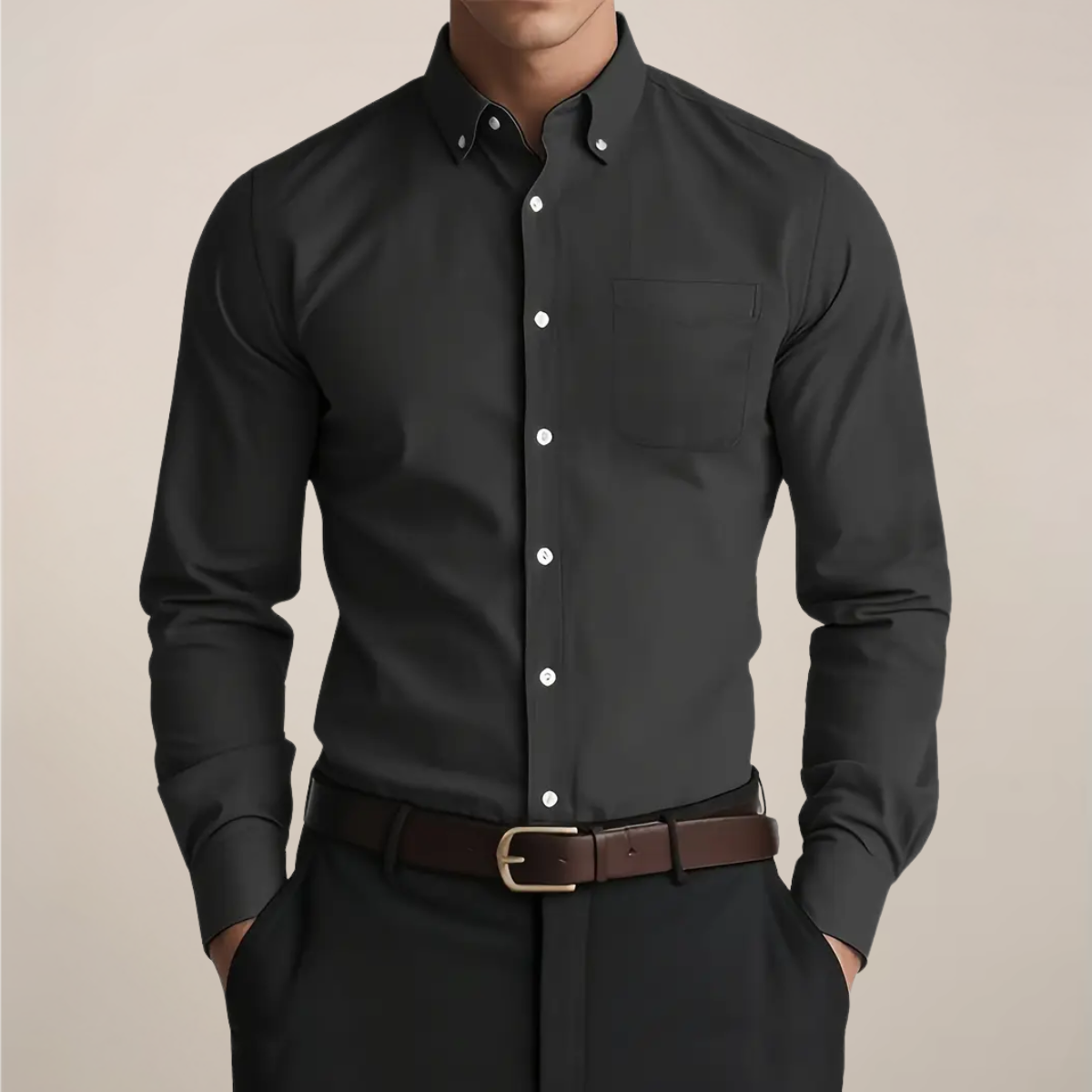 Men's long-sleeve button-down shirt with chest pocket