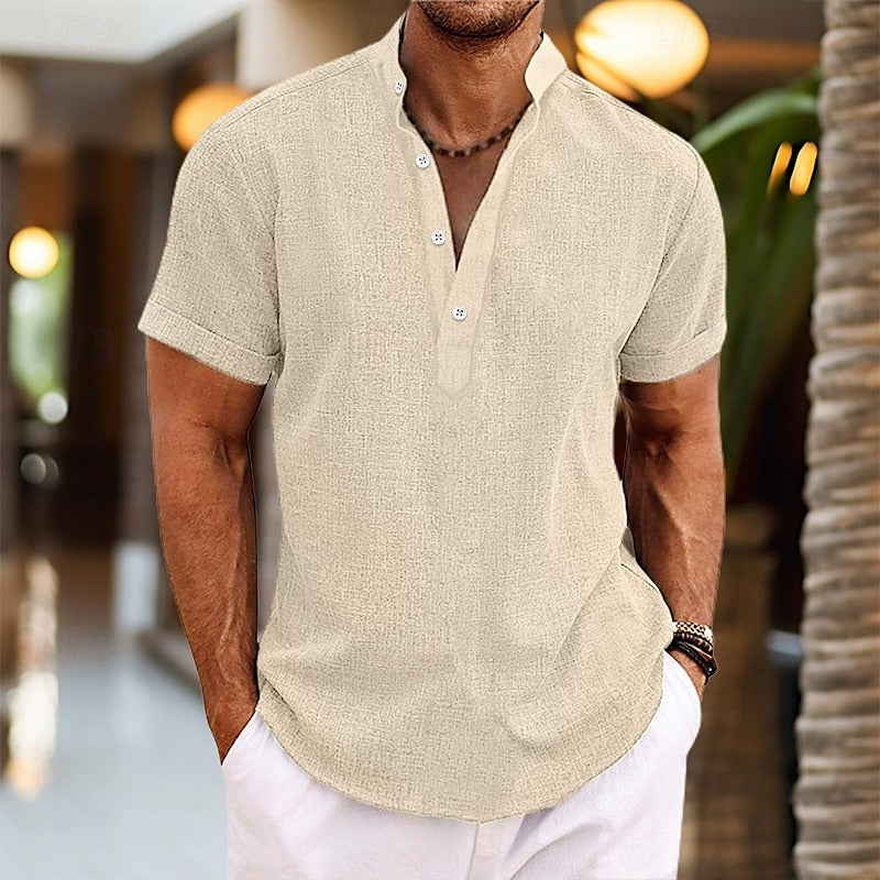 Men's short sleeve textured Henley shirt with button placket and curved hem