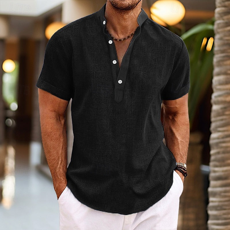 Men's short sleeve textured Henley shirt with button placket and curved hem