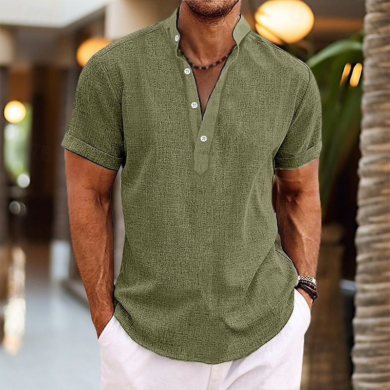 Men's short sleeve textured Henley shirt with button placket and curved hem
