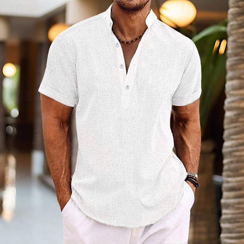 Men's short sleeve textured Henley shirt with button placket and curved hem