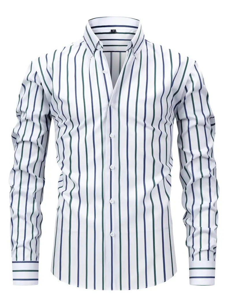 Men's slim fit long-sleeve shirt with vertical stripes and button-down collar