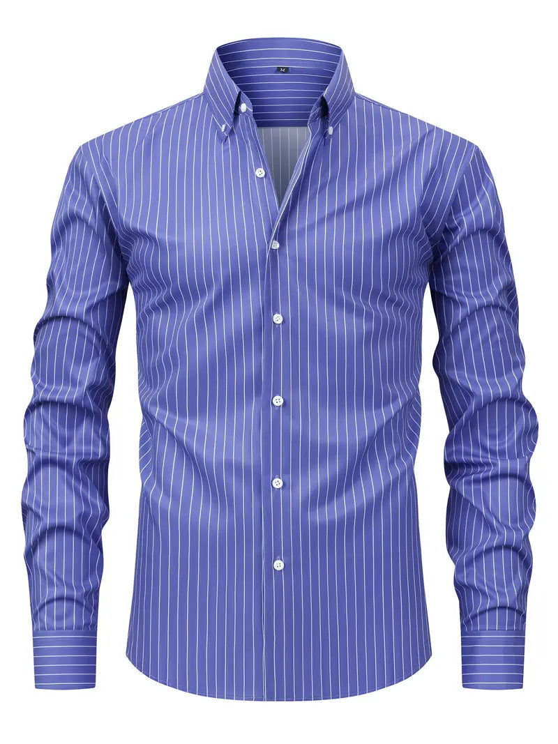 Men's slim fit long-sleeve shirt with vertical stripes and button-down collar
