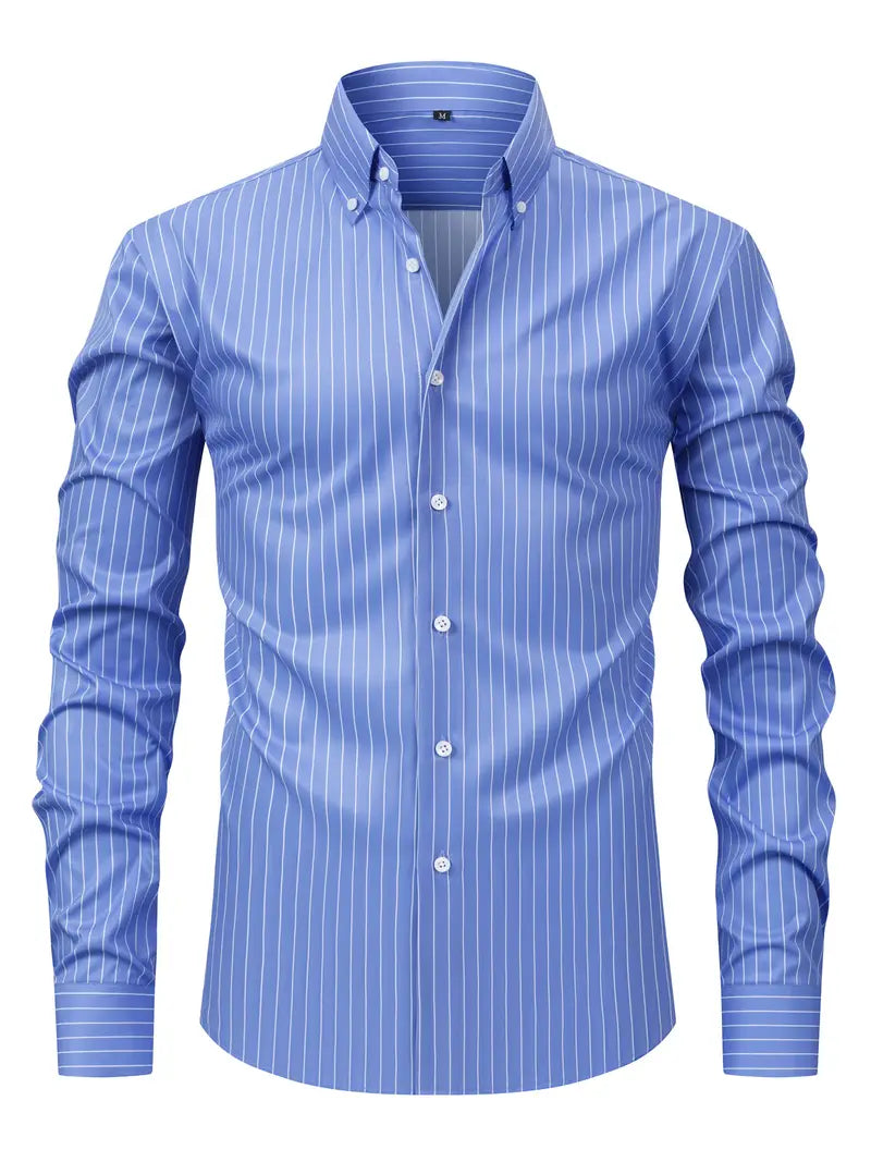 Men's slim fit long-sleeve shirt with vertical stripes and button-down collar