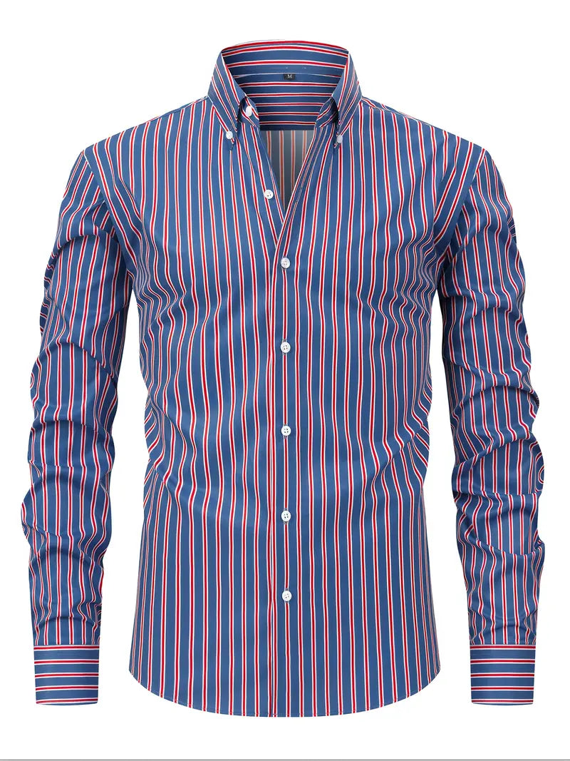 Men's slim fit long-sleeve shirt with vertical stripes and button-down collar