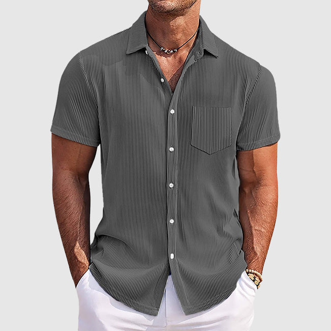 Men's ribbed short sleeve button shirt with point collar and chest pocket