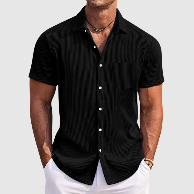 Men's ribbed short sleeve button shirt with point collar and chest pocket