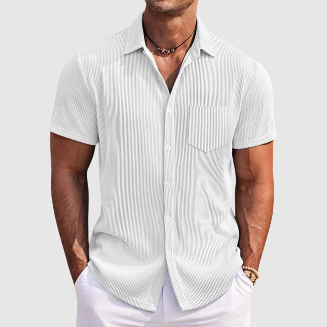 Men's ribbed short sleeve button shirt with point collar and chest pocket