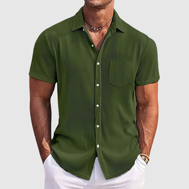 Men's ribbed short sleeve button shirt with point collar and chest pocket