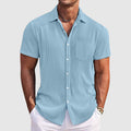 Men's ribbed short sleeve button shirt with point collar and chest pocket