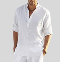 Men's Mandarin collar shirt with half-button placket and rolled sleeves