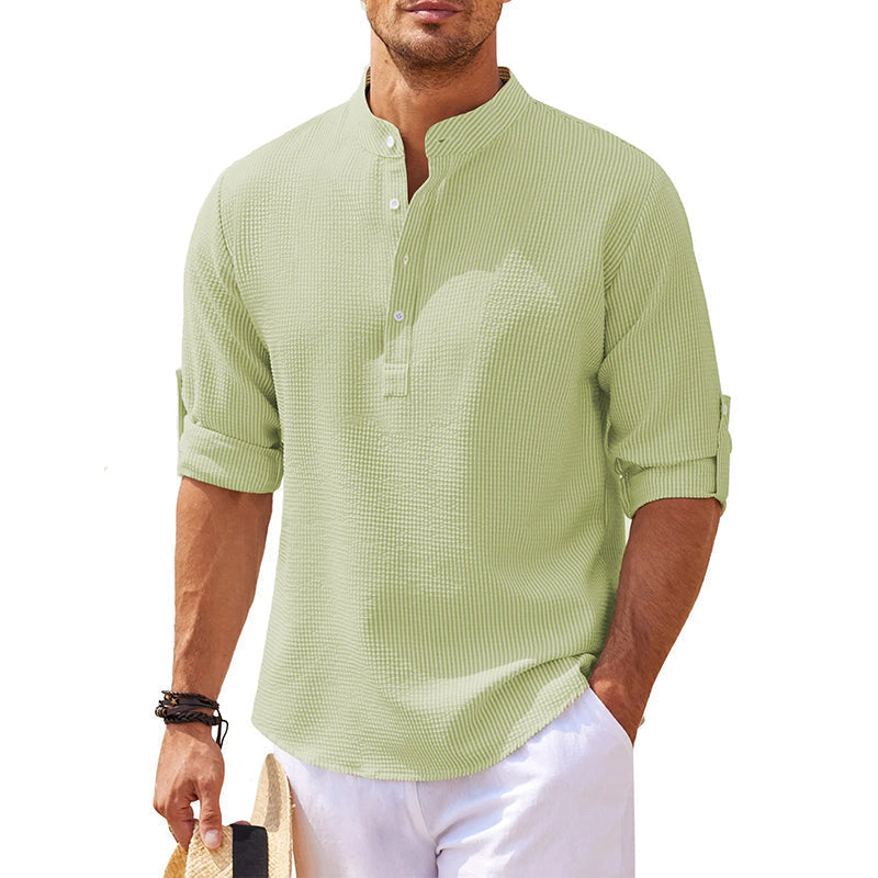 Men's textured Mandarin collar shirt with half button placket and rolled sleeves
