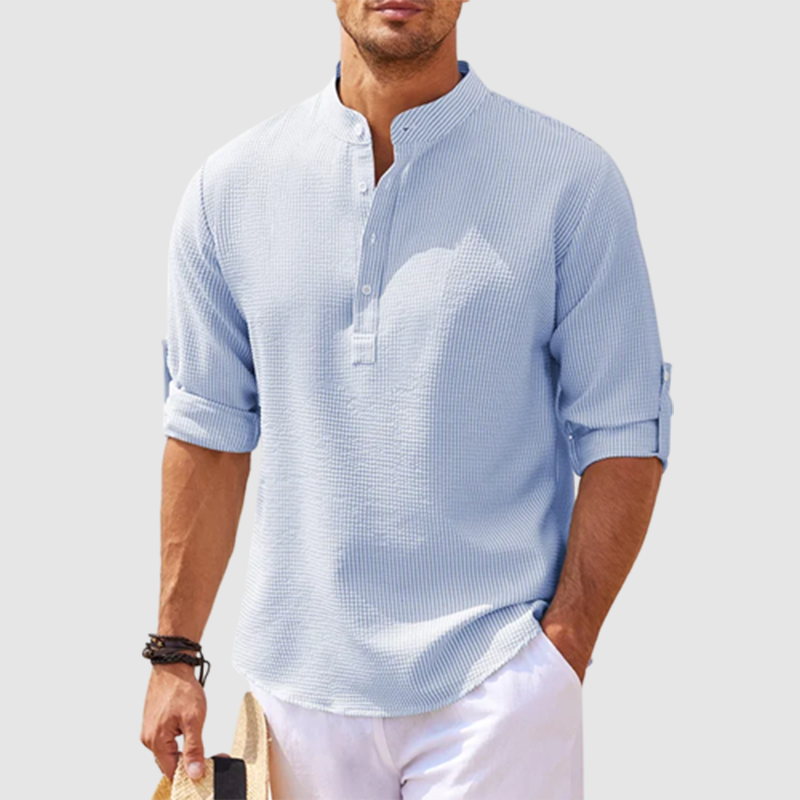 Men's textured Mandarin collar shirt with half button placket and rolled sleeves