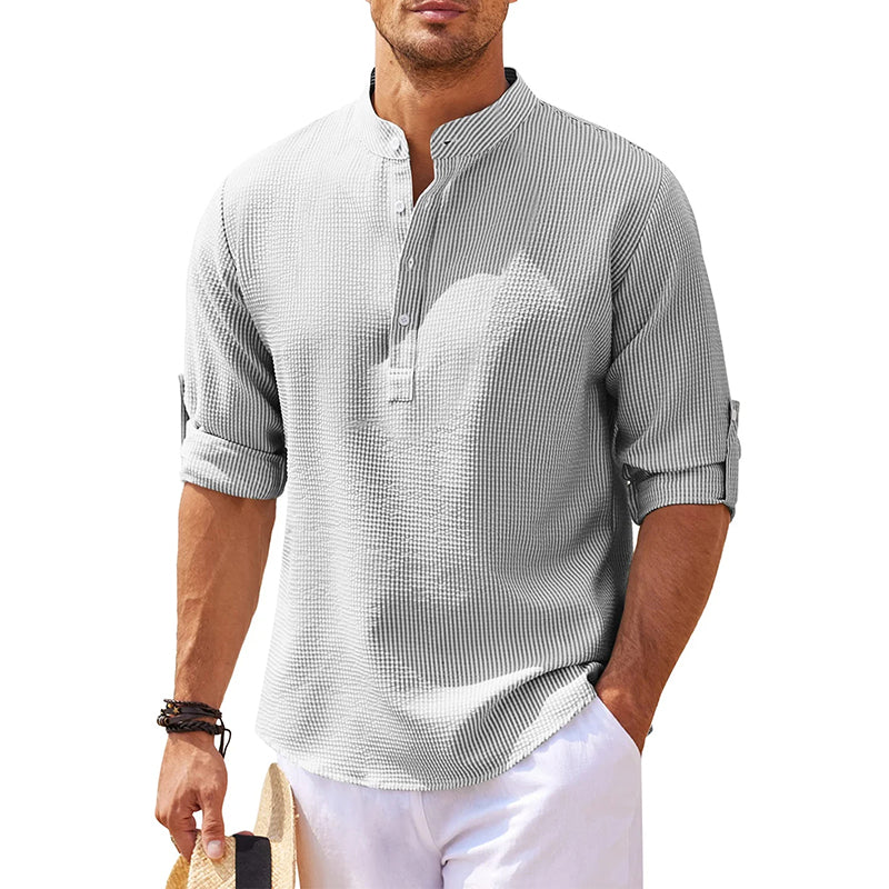 Men's textured Mandarin collar shirt with half button placket and rolled sleeves