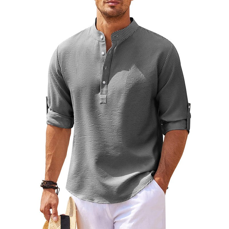Men's textured Mandarin collar shirt with half button placket and rolled sleeves