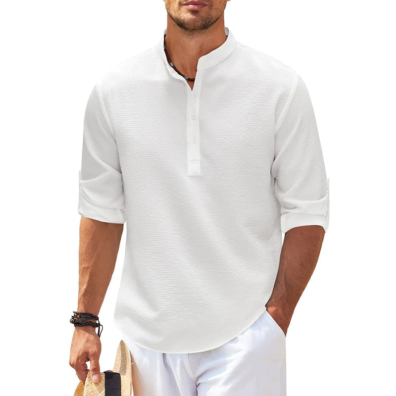 Men's textured Mandarin collar shirt with half button placket and rolled sleeves