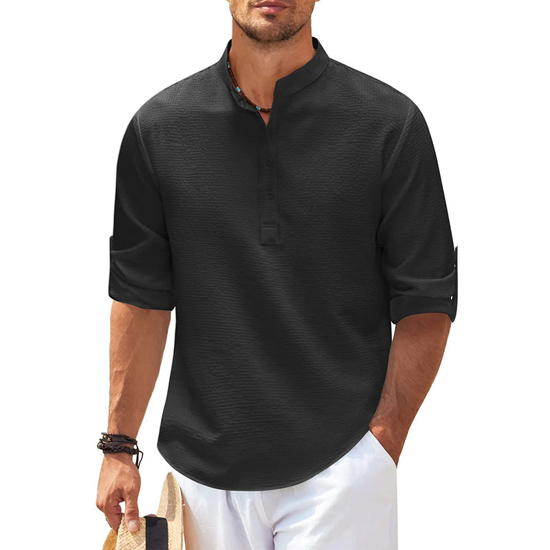 Men's textured Mandarin collar shirt with half button placket and rolled sleeves