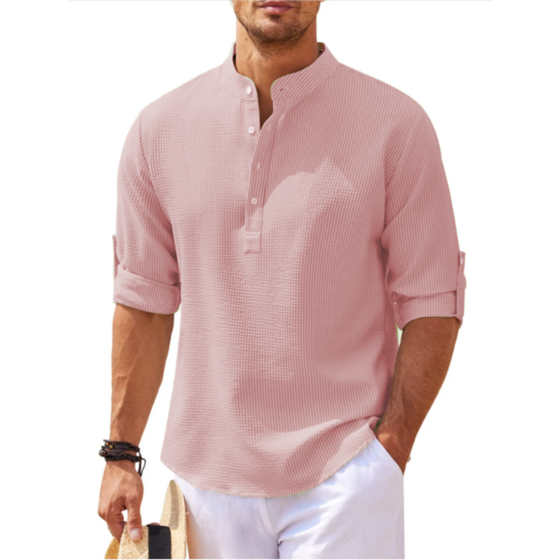 Men's textured Mandarin collar shirt with half button placket and rolled sleeves
