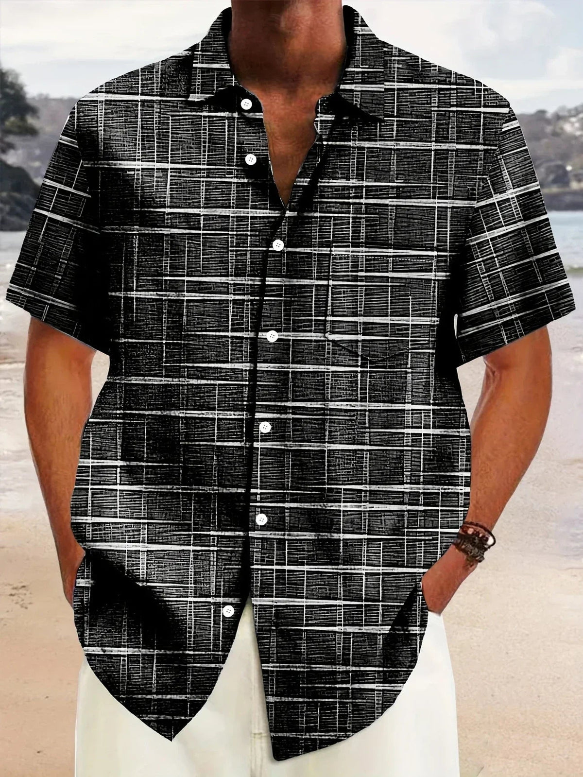 Men's short sleeve geometric grid pattern button shirt with open collar