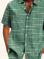 Men's short sleeve geometric grid pattern button shirt with open collar